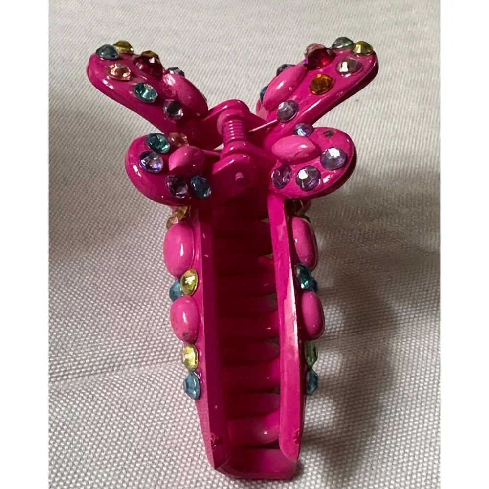 Bright Pink multi-colored bejeweled thick‎ plastic butterfly hair clip 3.5” long